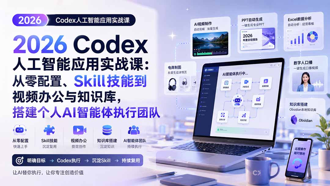 2026 Codex人工智能应用实战课:从零配置、Skill技能到视频办公与知识库,搭建个人AI智能体执行团队-盟主1站 - 热点知汇专注网赚项目资源知识聚汇