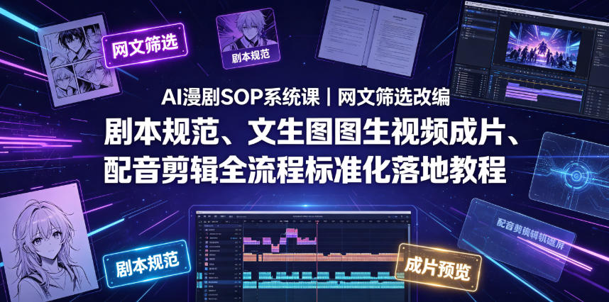 AI漫剧SOP系统课|网文筛选改编、剧本规范、文生图图生视频成片、配音剪辑全流程标准化落地教程(更新0826)-盟主1站 - 热点知汇专注网赚项目资源知识聚汇