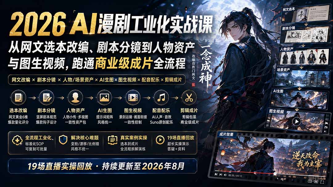 2026 AI漫剧工业化实战课-更新:从网文选本改编、剧本分镜到人物资产与图生视频,跑通商业级成片全流程-盟主1站 - 热点知汇专注网赚项目资源知识聚汇