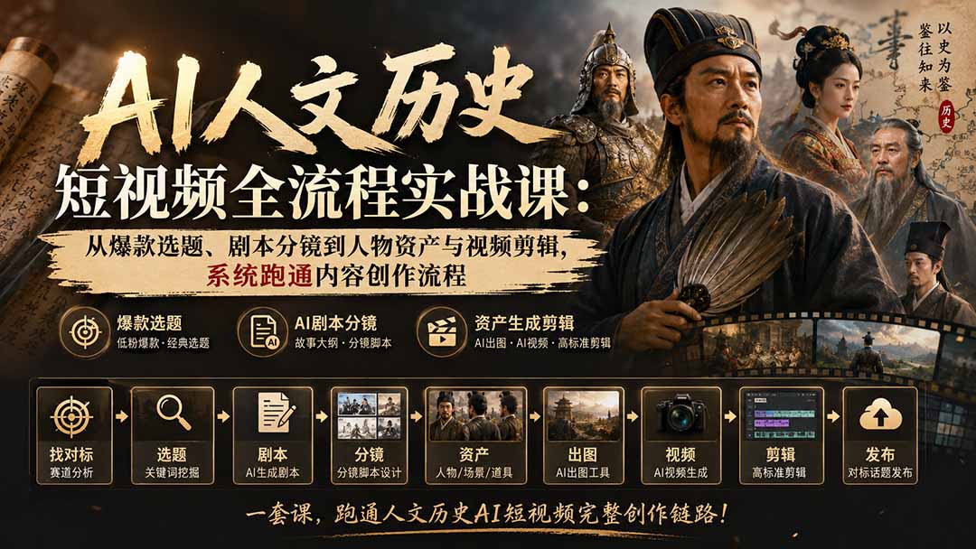 AI人文历史短视频全流程实战课：从爆款选题、剧本分镜到人物资产与视频剪辑，系统跑通内容创作流程-盟主1站 - 热点知汇专注网赚项目资源知识聚汇