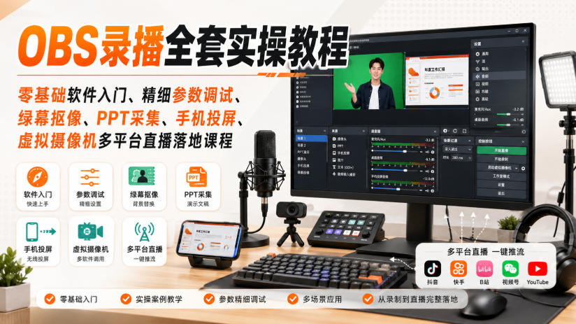 OBS录播全套实操教程|零基础软件入门、精细参数调试、绿幕抠像、手机投屏、虚拟摄像机多平台直播落地课程-盟主1站 - 热点知汇专注网赚项目资源知识聚汇