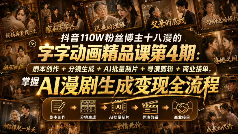 抖音110W粉丝博主十八漫的字字动画精品课第4期:剧本创作+分镜生成+剪辑+商业接单,掌握AI漫剧生成变现全流程-盟主1站 - 热点知汇专注网赚项目资源知识聚汇