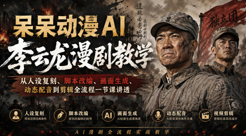 呆呆动漫AI李云龙漫剧教学，从人设复刻、脚本改编、画面生成、动态配音到剪辑全流程一节课讲透-盟主1站 - 热点知汇专注网赚项目资源知识聚汇