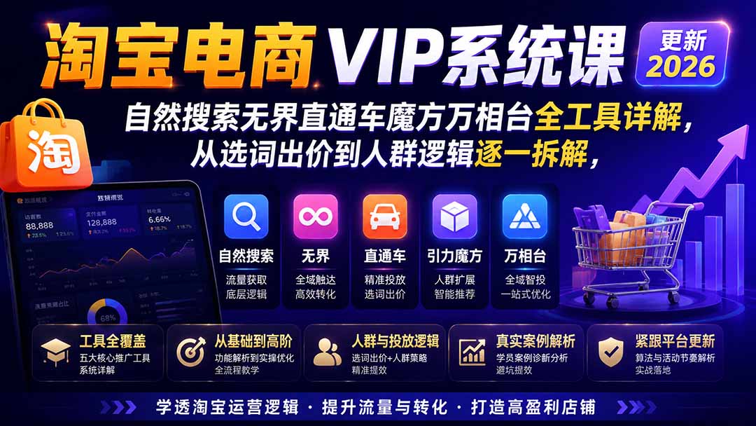 2026淘宝电商终局之战VIP课-更新：自然搜索+直通车+无界+精准人群，系统掌握测款动销与全店推广布局方法-盟主1站 - 热点知汇专注网赚项目资源知识聚汇
