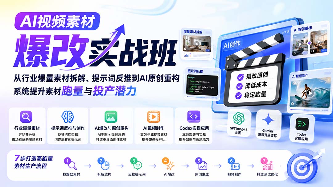 AI视频素材爆改实战班-更新8月：从行业爆量素材拆解、提示词反推到AI原创重构，系统提升素材跑量与投产潜力-盟主1站 - 热点知汇专注网赚项目资源知识聚汇