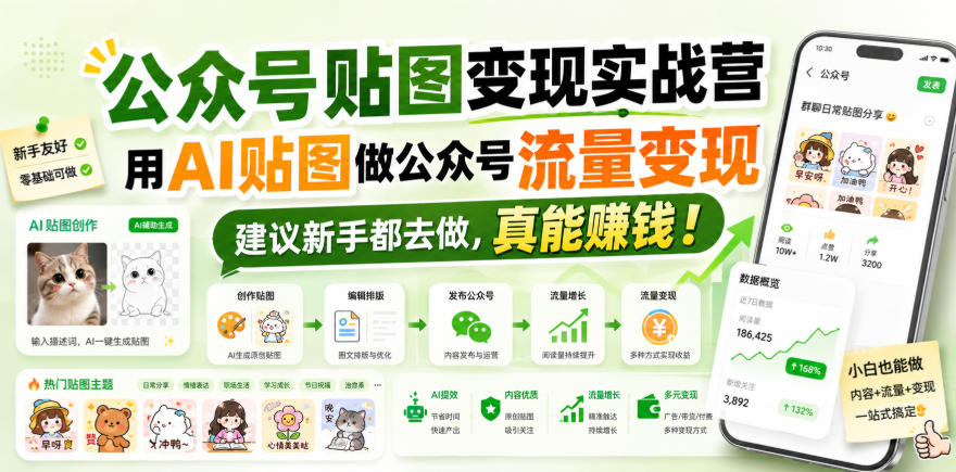 公众号贴图变现实战营，用AI贴图做公众号流量变现，建议新手都去做，真能賺钱！-盟主1站 - 热点知汇专注网赚项目资源知识聚汇