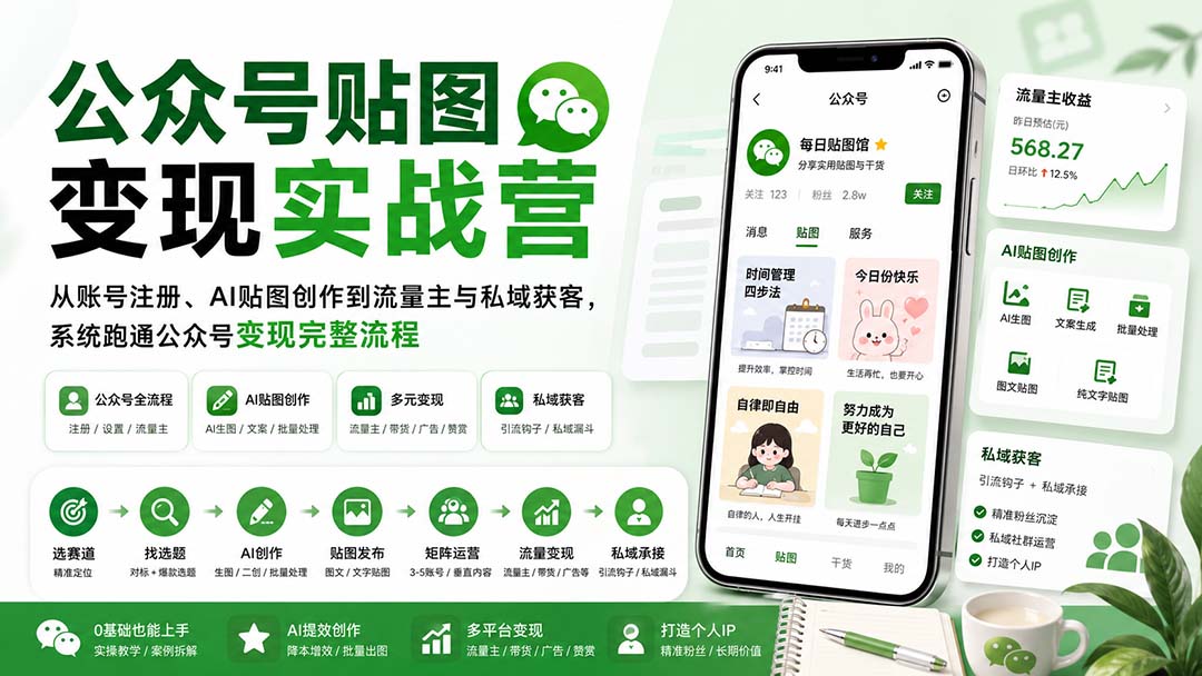 公众号贴图变现实战营：从账号注册、AI贴图创作到流量主与私域获客，系统跑通公众号变现完整流程-盟主1站 - 热点知汇专注网赚项目资源知识聚汇