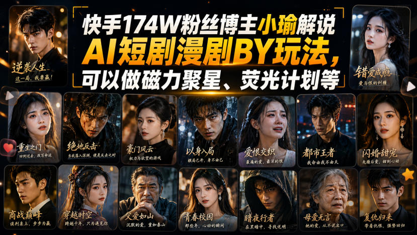 快手174W粉丝博主小瑜解说AI短剧漫剧搬运玩法，可以做磁力聚星、荧光计划等-盟主1站 - 热点知汇专注网赚项目资源知识聚汇